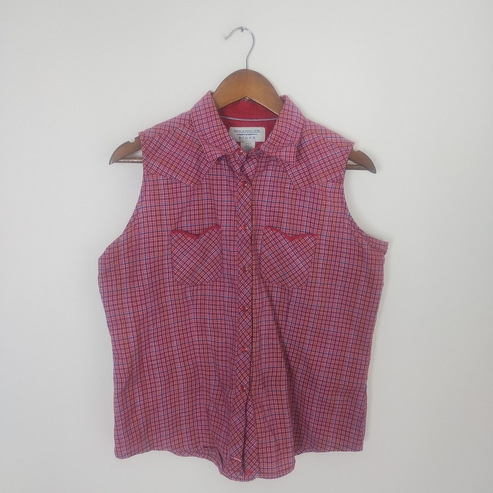 Wrangler Blues Western Shirt Women's Large Plaid Sleeveless Snap Cowgirl Retro